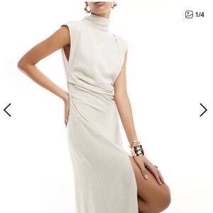 ASOS Linen High Neck Gown with Open Back in Oatmeal